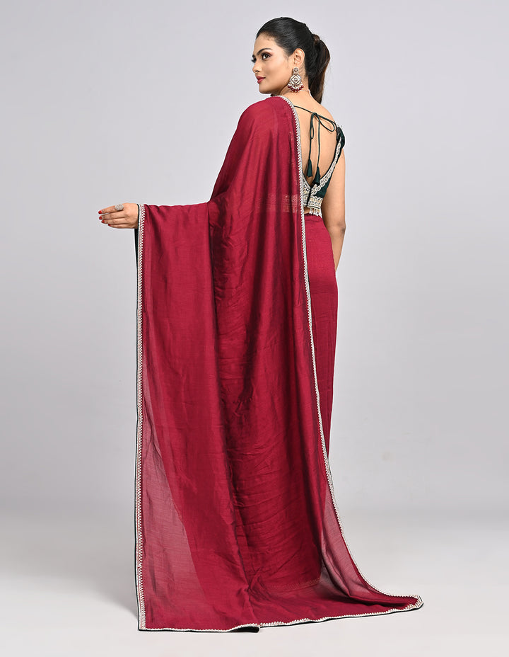 Myra – Maroon Silk Saree with Swarovski Border & Contrast Blouse | Fazals