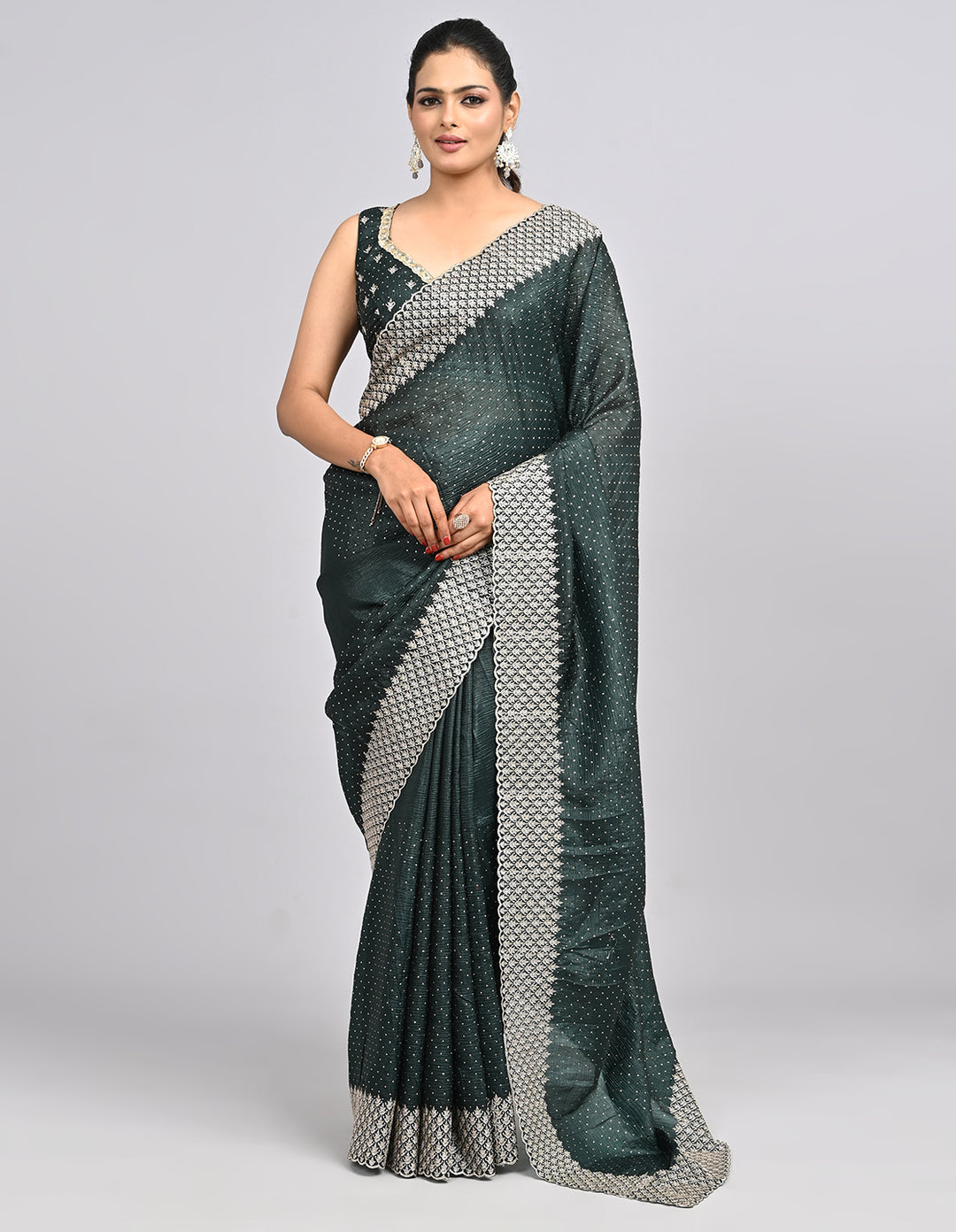 Aamira – Dark Green Crush Silk Saree with Zari Embroidery & Self-Coloured Blouse | Fazals