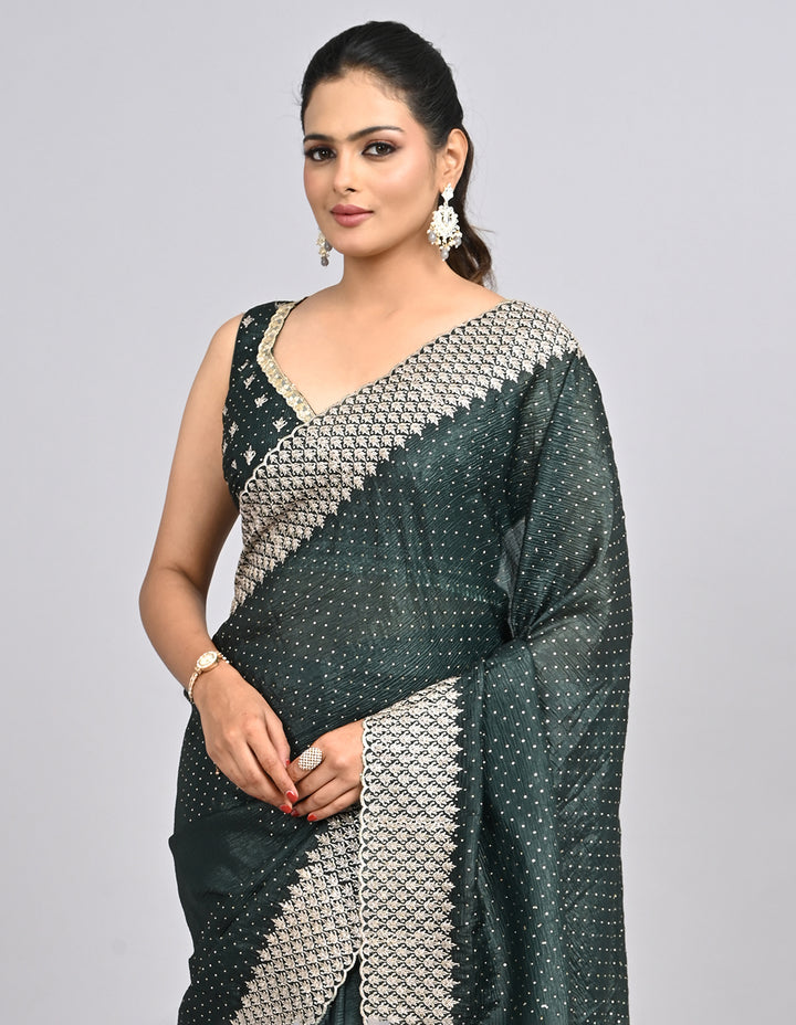 Aamira – Dark Green Crush Silk Saree with Zari Embroidery & Self-Coloured Blouse | Fazals