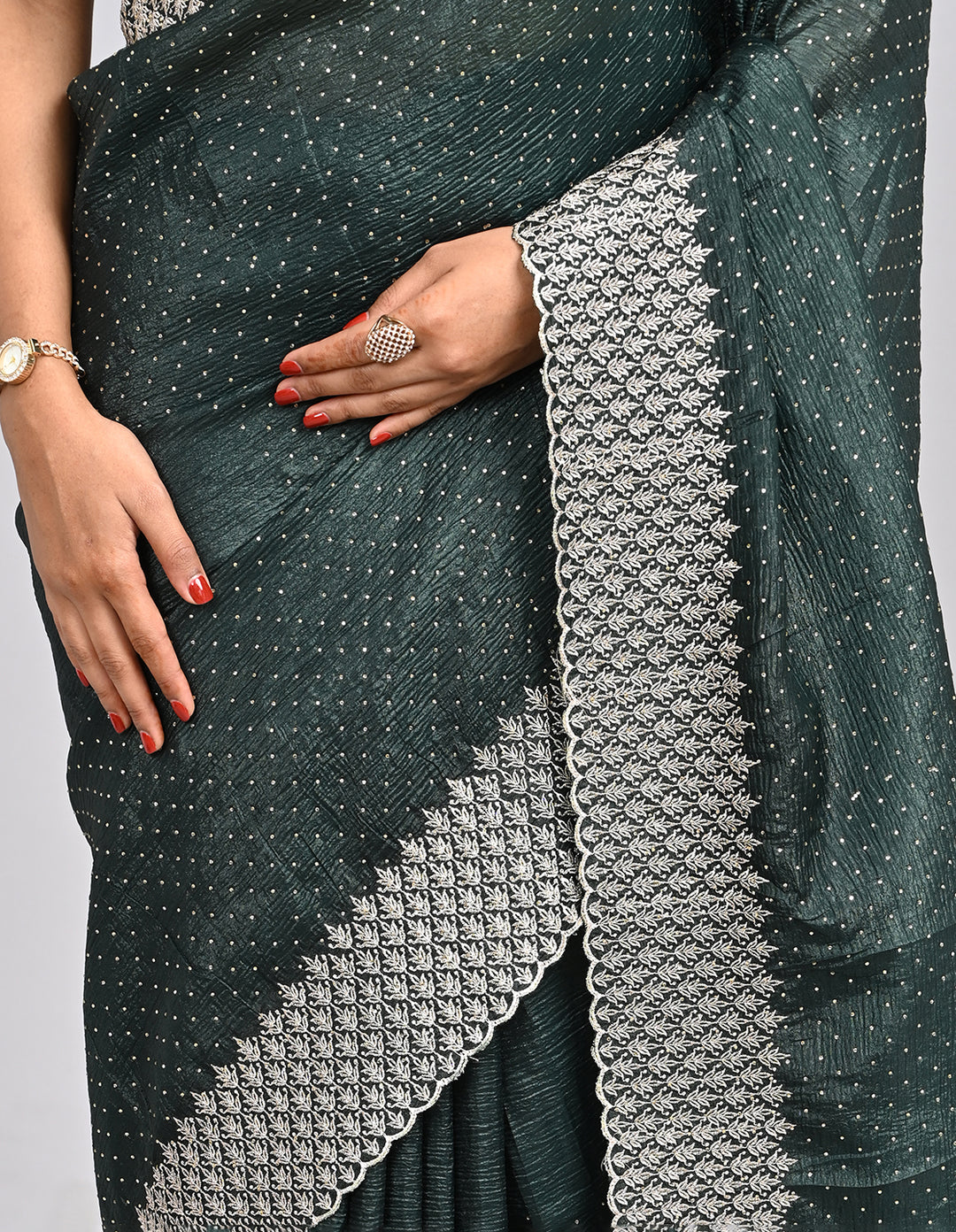Aamira – Dark Green Crush Silk Saree with Zari Embroidery & Self-Coloured Blouse | Fazals