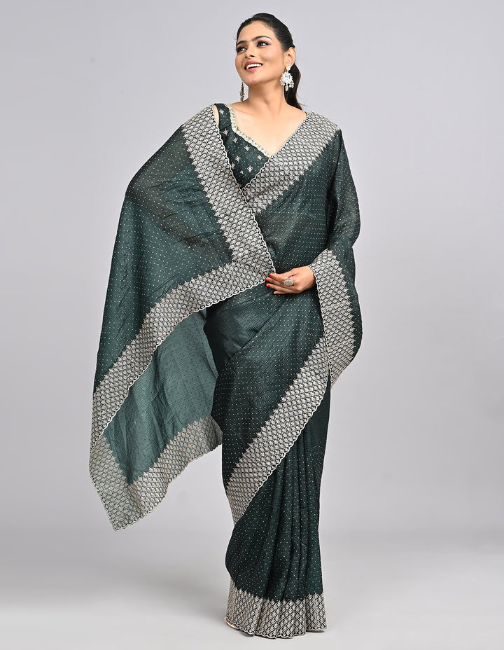 Aamira – Dark Green Crush Silk Saree with Zari Embroidery & Self-Coloured Blouse | Fazals