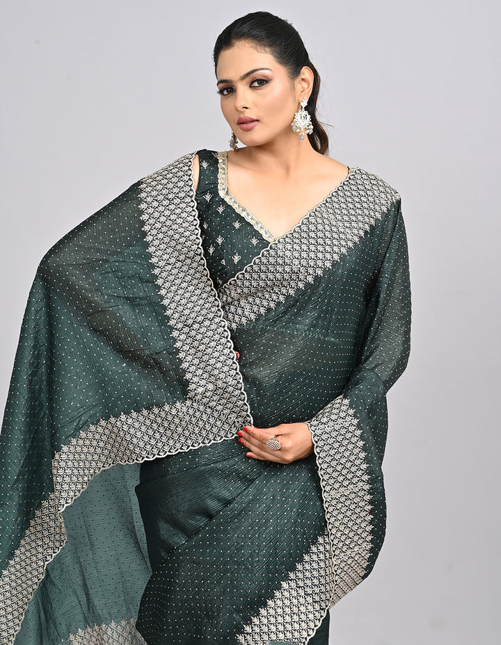 Aamira – Dark Green Crush Silk Saree with Zari Embroidery & Self-Coloured Blouse | Fazals