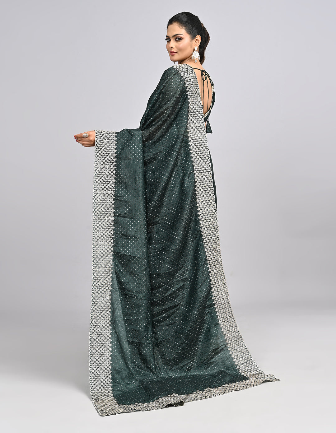 Aamira – Dark Green Crush Silk Saree with Zari Embroidery & Self-Coloured Blouse | Fazals
