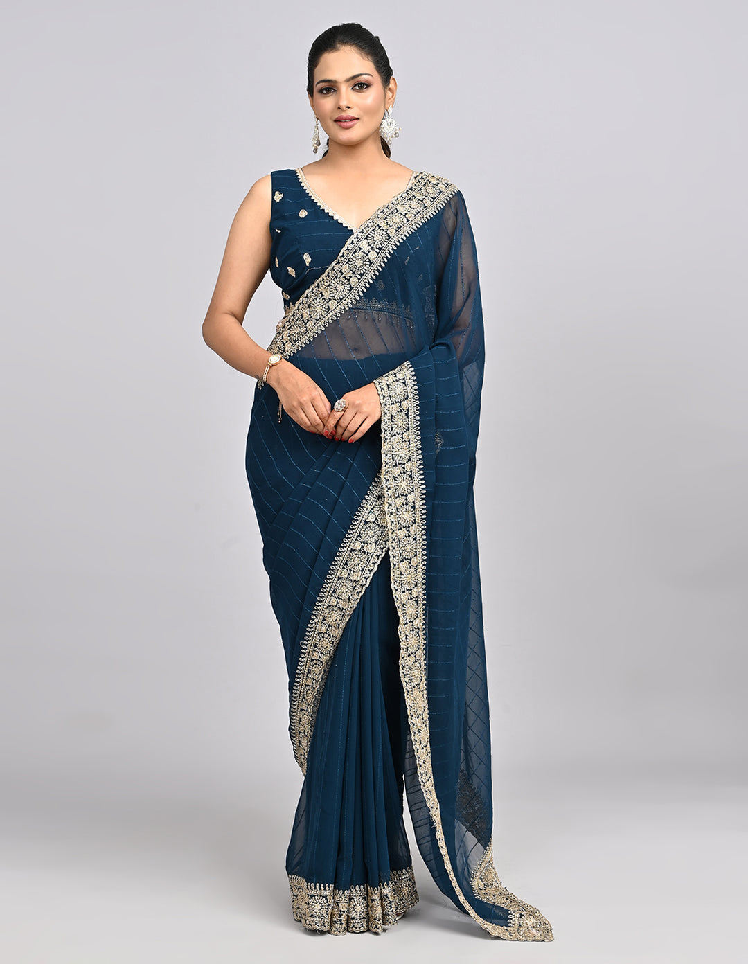 Meher – Navy Blue Embroidered Saree with Heavy Border & Unstitched Blouse | Fazals