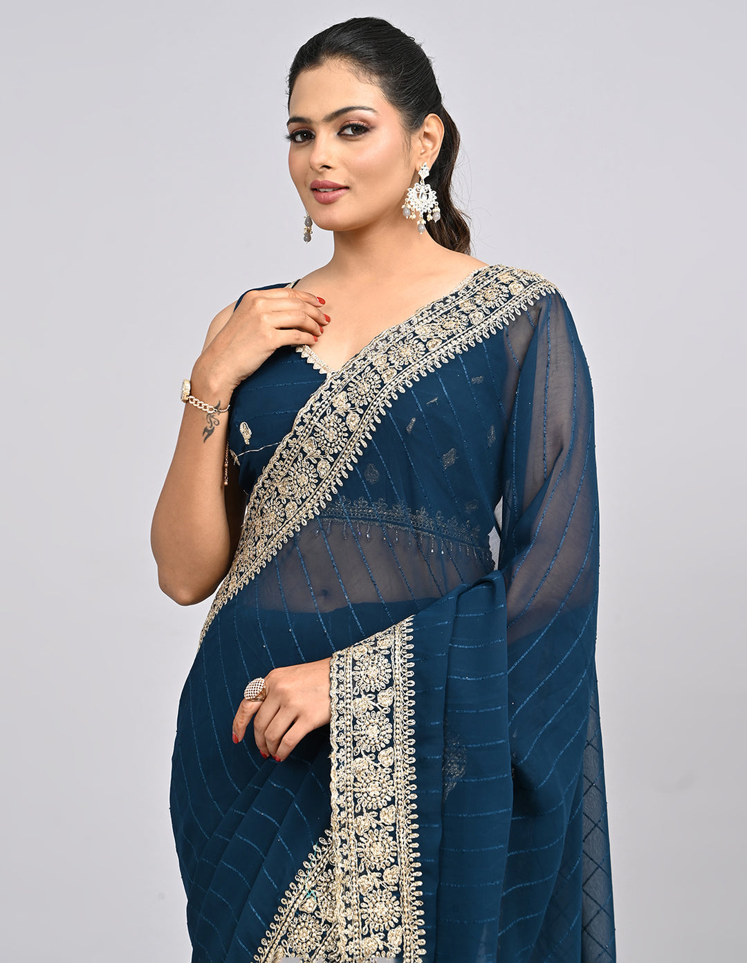 Meher – Navy Blue Embroidered Saree with Heavy Border & Unstitched Blouse | Fazals