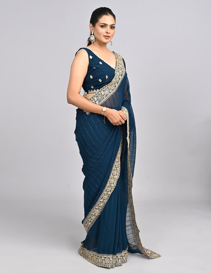 Meher – Navy Blue Embroidered Saree with Heavy Border & Unstitched Blouse | Fazals