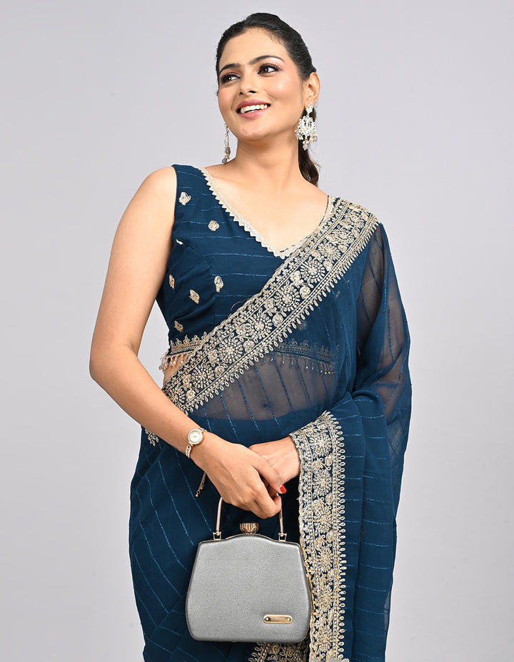 Meher – Navy Blue Embroidered Saree with Heavy Border & Unstitched Blouse | Fazals
