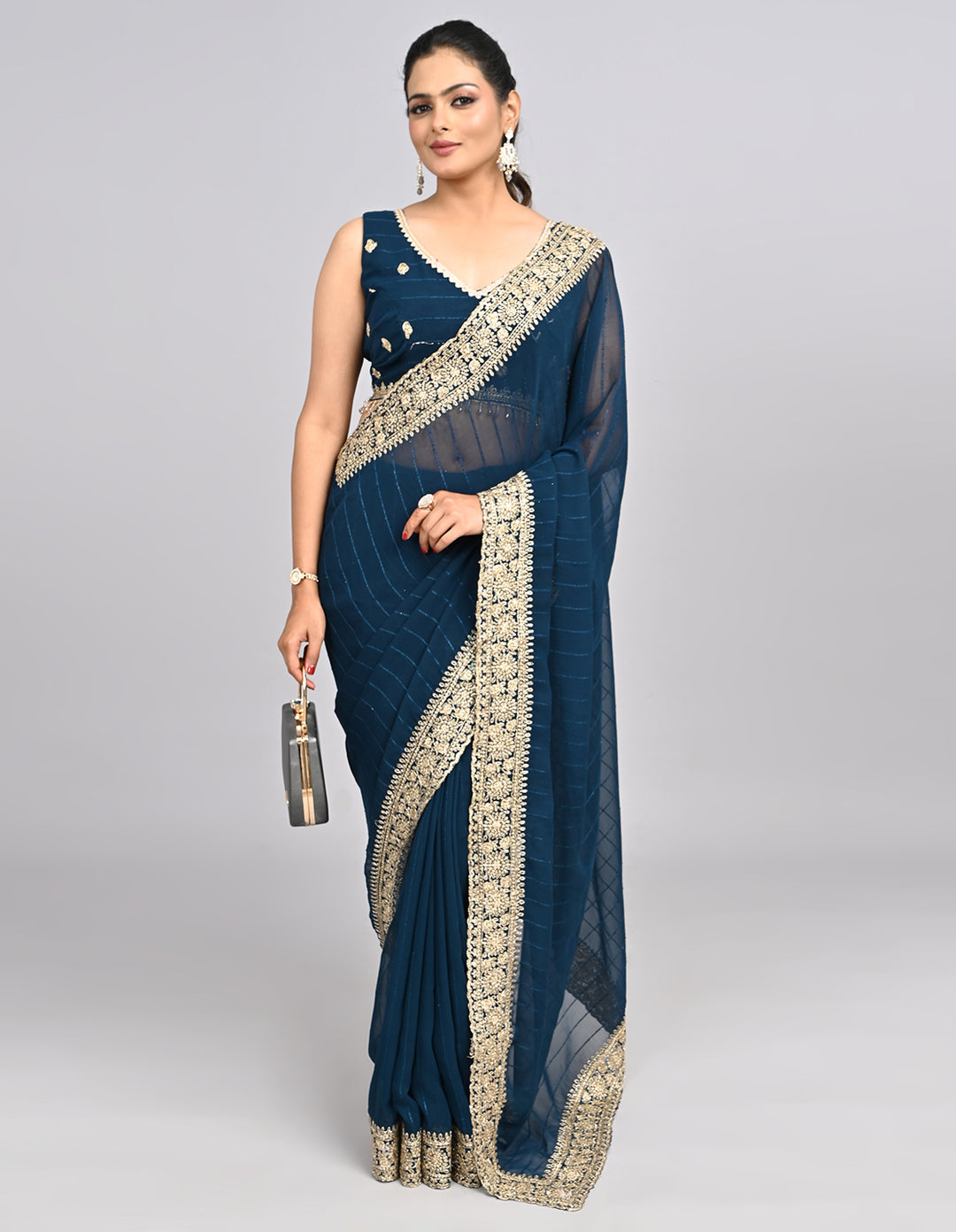 Meher – Navy Blue Embroidered Saree with Heavy Border & Unstitched Blouse | Fazals