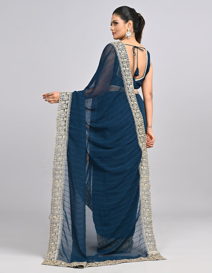 Meher – Navy Blue Embroidered Saree with Heavy Border & Unstitched Blouse | Fazals