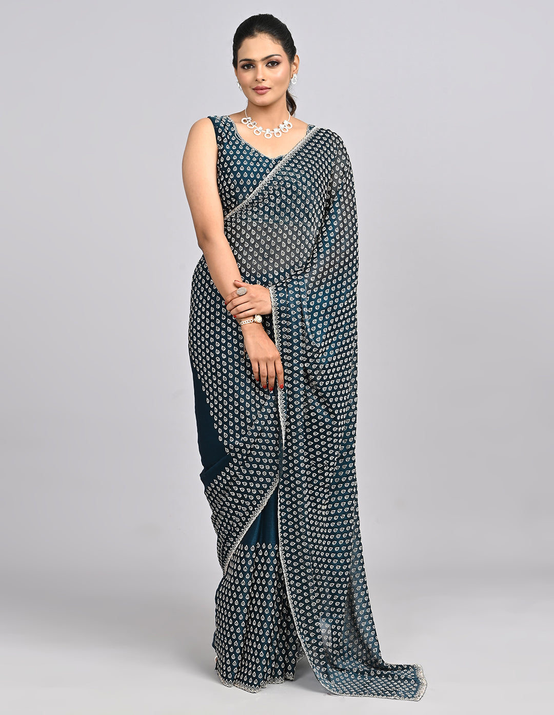 Shanzay – Blue Chinnon Saree with Stonework & Self-Coloured Blouse | Fazals