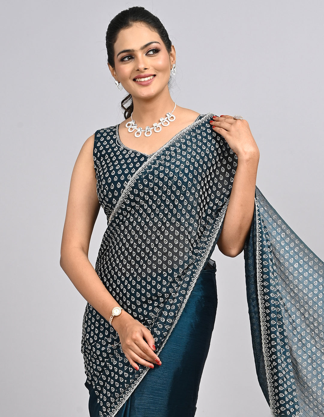 Shanzay – Blue Chinnon Saree with Stonework & Self-Coloured Blouse | Fazals