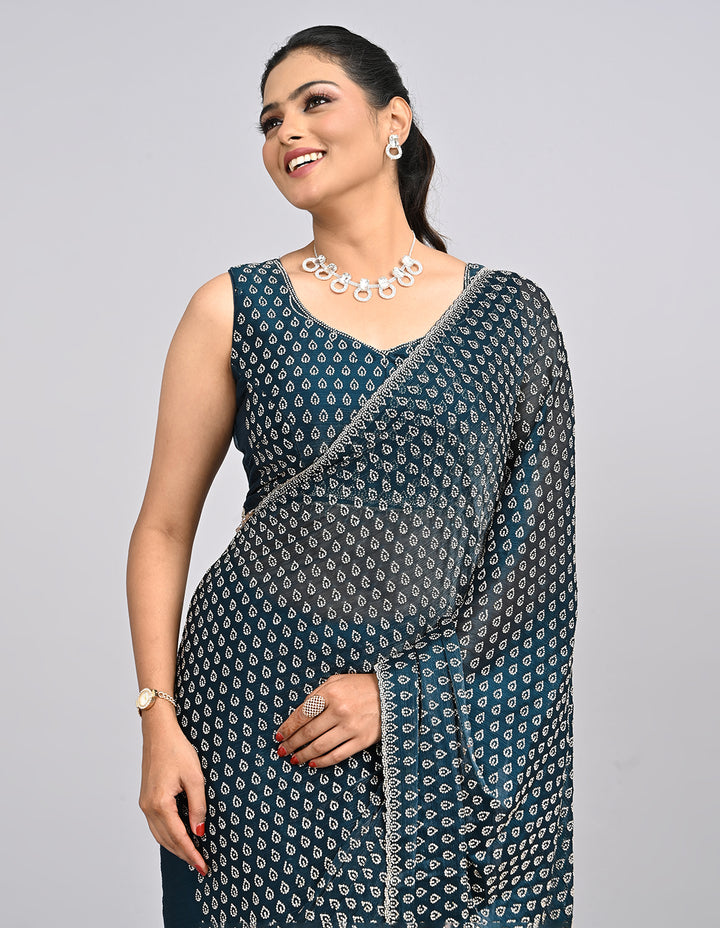 Shanzay – Blue Chinnon Saree with Stonework & Self-Coloured Blouse | Fazals