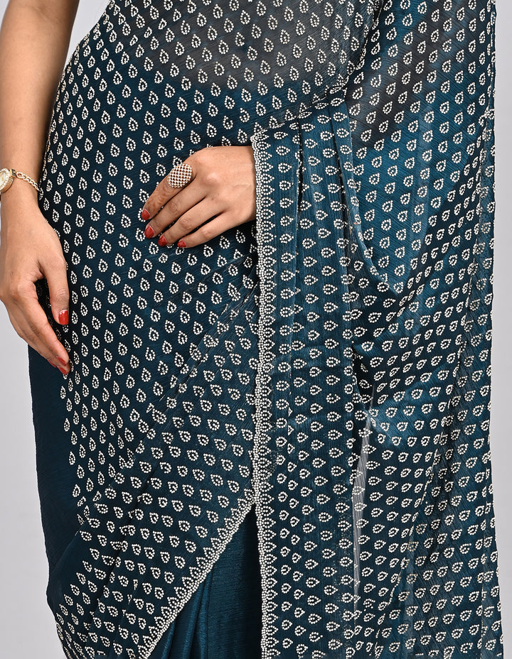 Shanzay – Blue Chinnon Saree with Stonework & Self-Coloured Blouse | Fazals