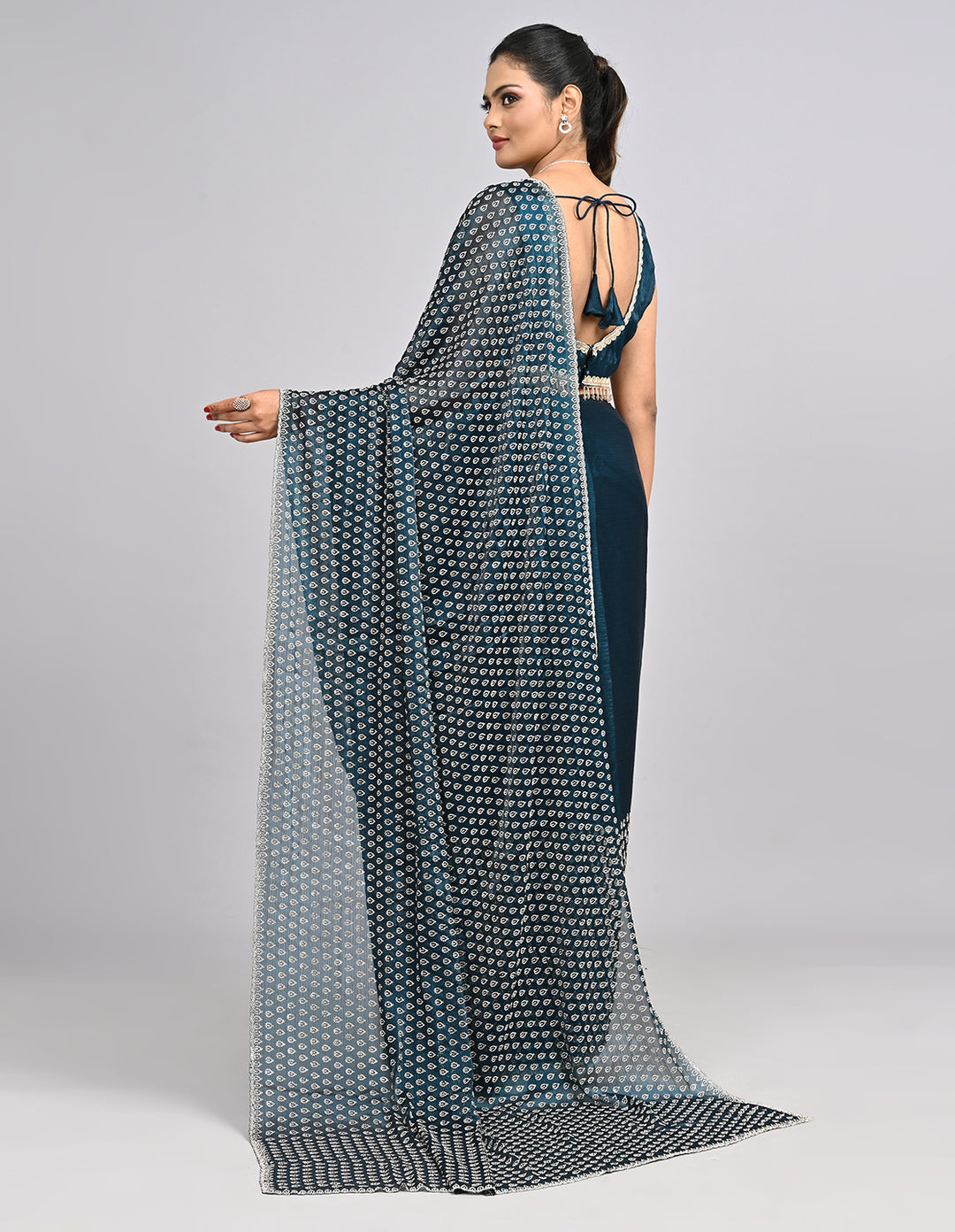 Shanzay – Blue Chinnon Saree with Stonework & Self-Coloured Blouse | Fazals
