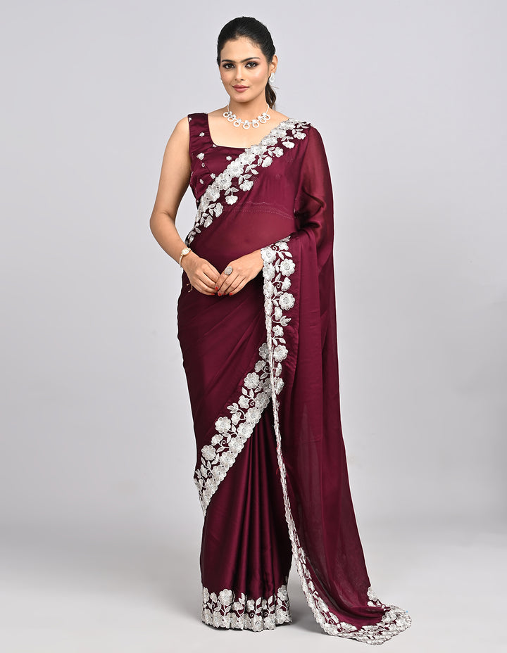 Aabroo – Wine Chinnon Saree with White Thread Embroidery | Fazals