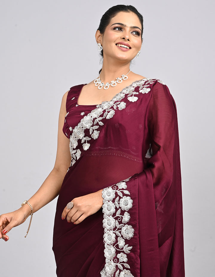 Aabroo – Wine Chinnon Saree with White Thread Embroidery | Fazals