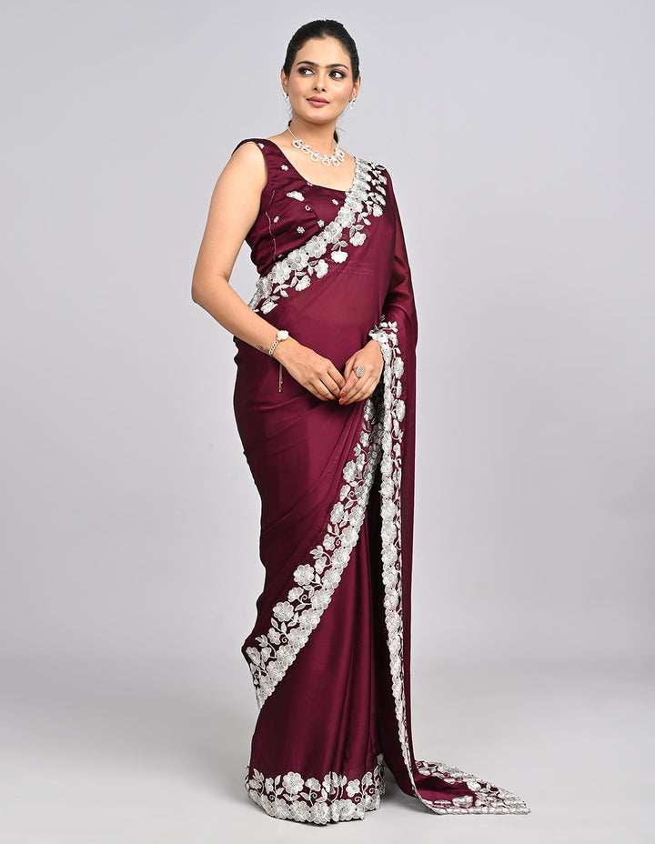 Aabroo – Wine Chinnon Saree with White Thread Embroidery | Fazals