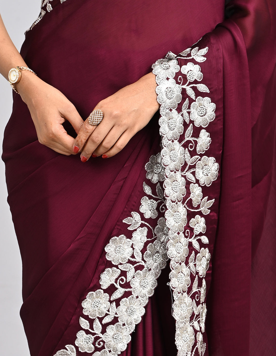 Aabroo – Wine Chinnon Saree with White Thread Embroidery | Fazals