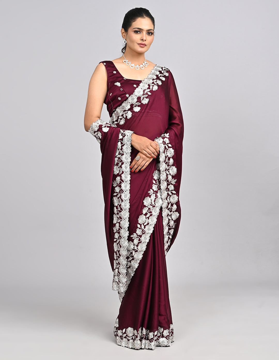 Aabroo – Wine Chinnon Saree with White Thread Embroidery | Fazals