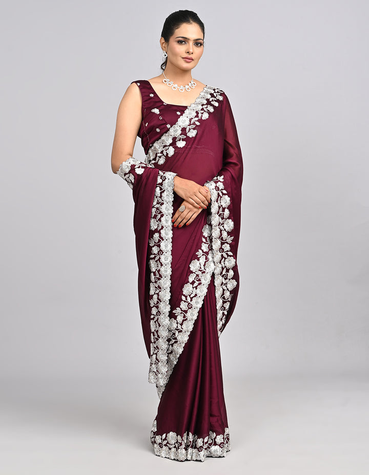 Aabroo – Wine Chinnon Saree with White Thread Embroidery | Fazals