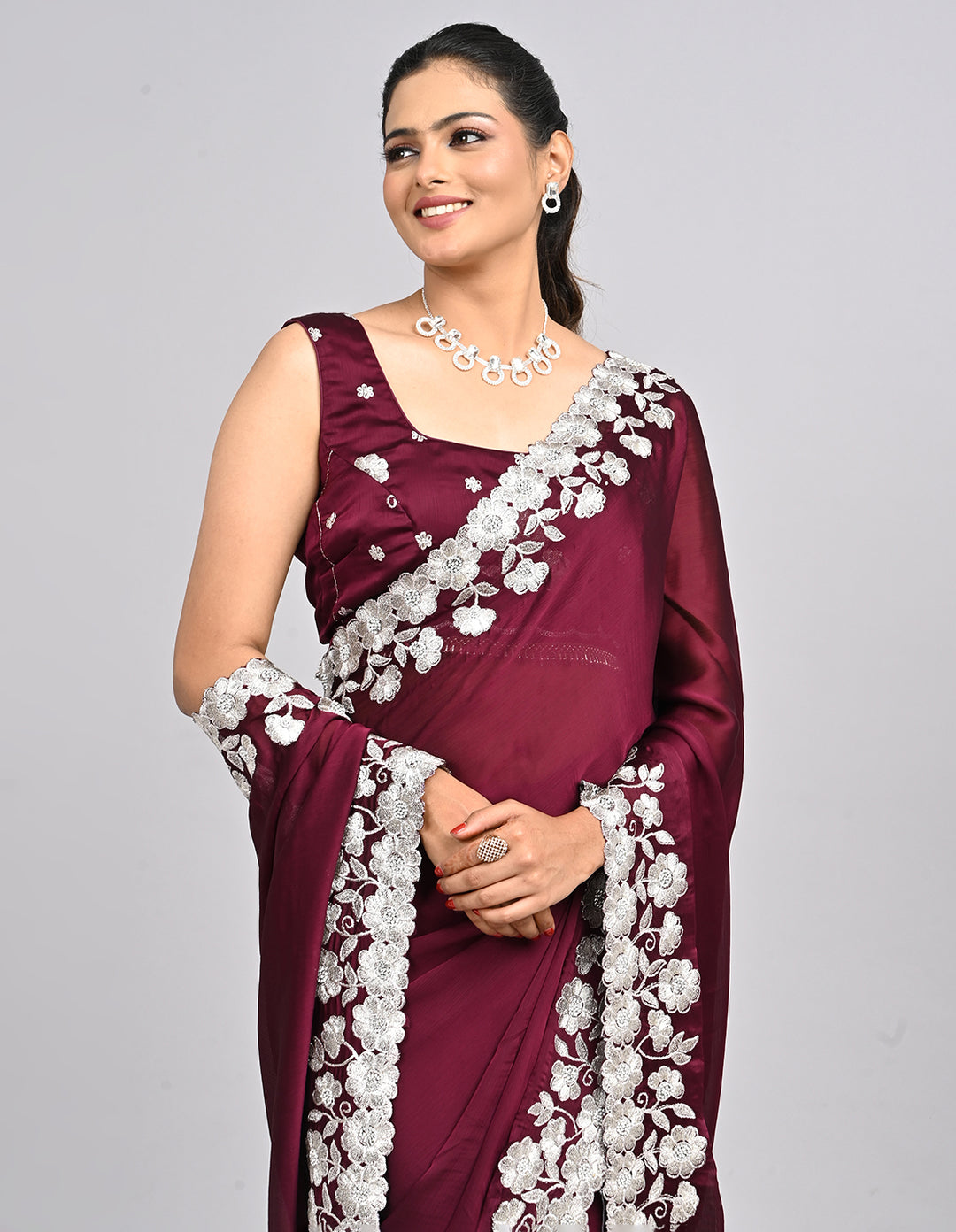 Aabroo – Wine Chinnon Saree with White Thread Embroidery | Fazals