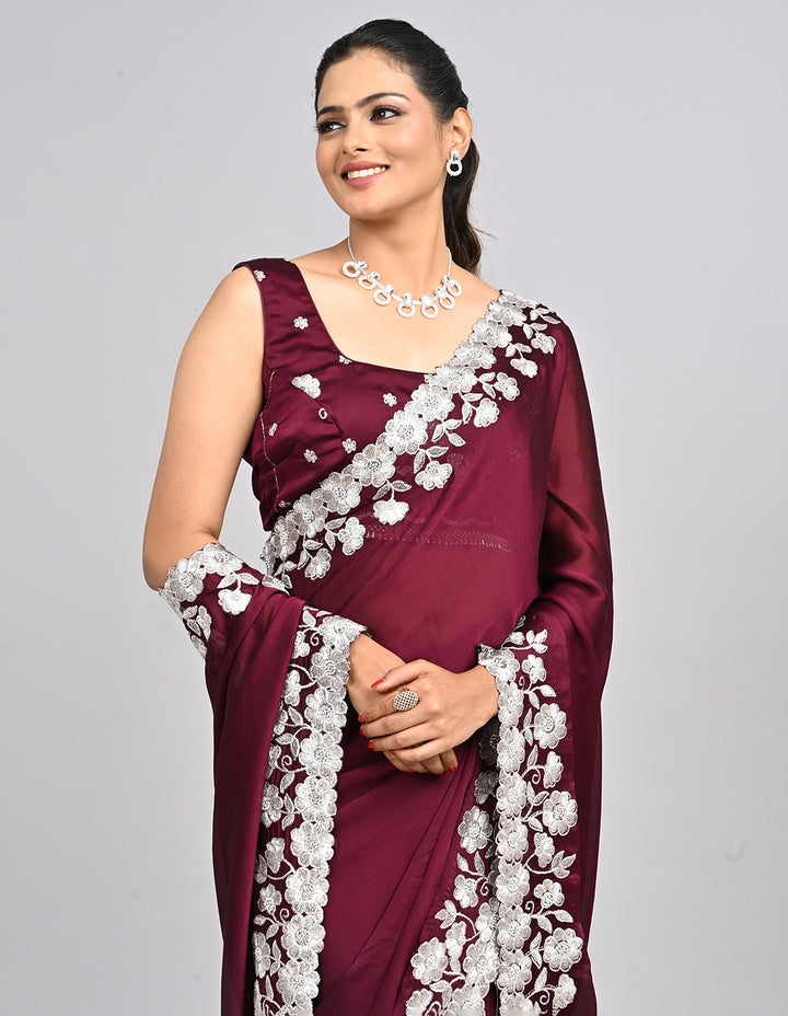 Aabroo – Wine Chinnon Saree with White Thread Embroidery | Fazals