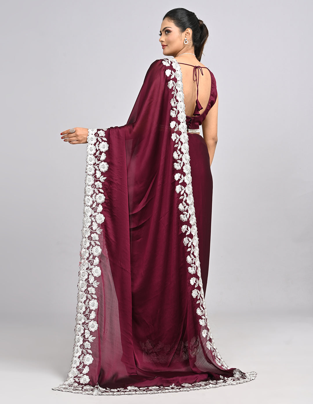 Aabroo – Wine Chinnon Saree with White Thread Embroidery | Fazals