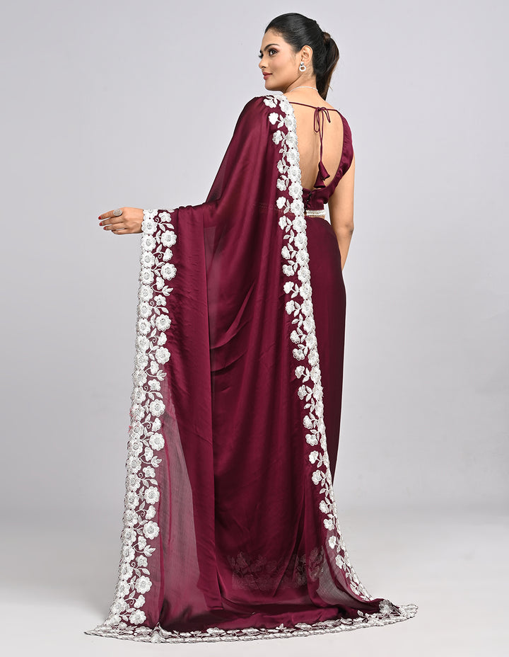Aabroo – Wine Chinnon Saree with White Thread Embroidery | Fazals