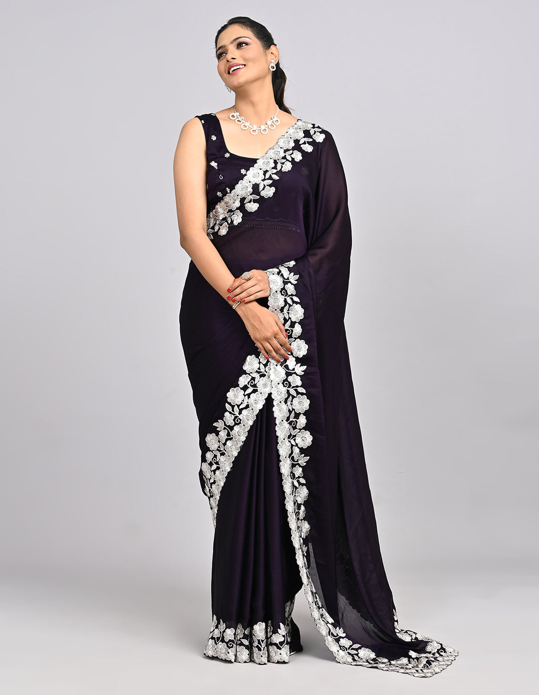 Aarunya – Wine Chinnon Saree with White Threadwork Border & Self-Coloured Blouse | Fazals