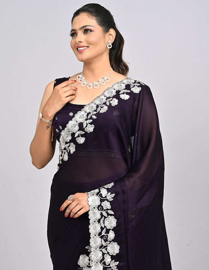 Aarunya – Wine Chinnon Saree with White Threadwork Border & Self-Coloured Blouse | Fazals