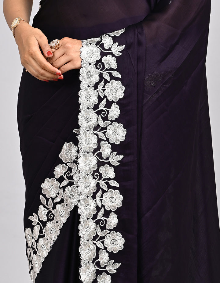 Aarunya – Wine Chinnon Saree with White Threadwork Border & Self-Coloured Blouse | Fazals