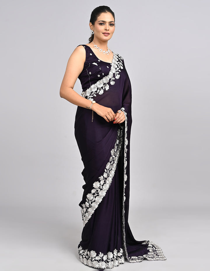 Aarunya – Wine Chinnon Saree with White Threadwork Border & Self-Coloured Blouse | Fazals