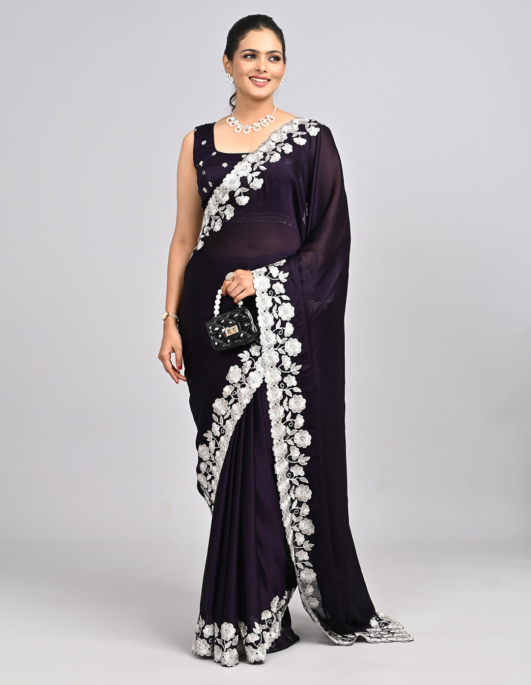 Aarunya – Wine Chinnon Saree with White Threadwork Border & Self-Coloured Blouse | Fazals