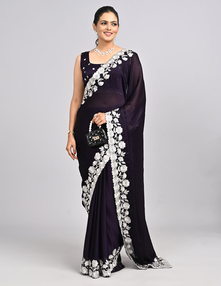 Aarunya – Wine Chinnon Saree with White Threadwork Border & Self-Coloured Blouse | Fazals