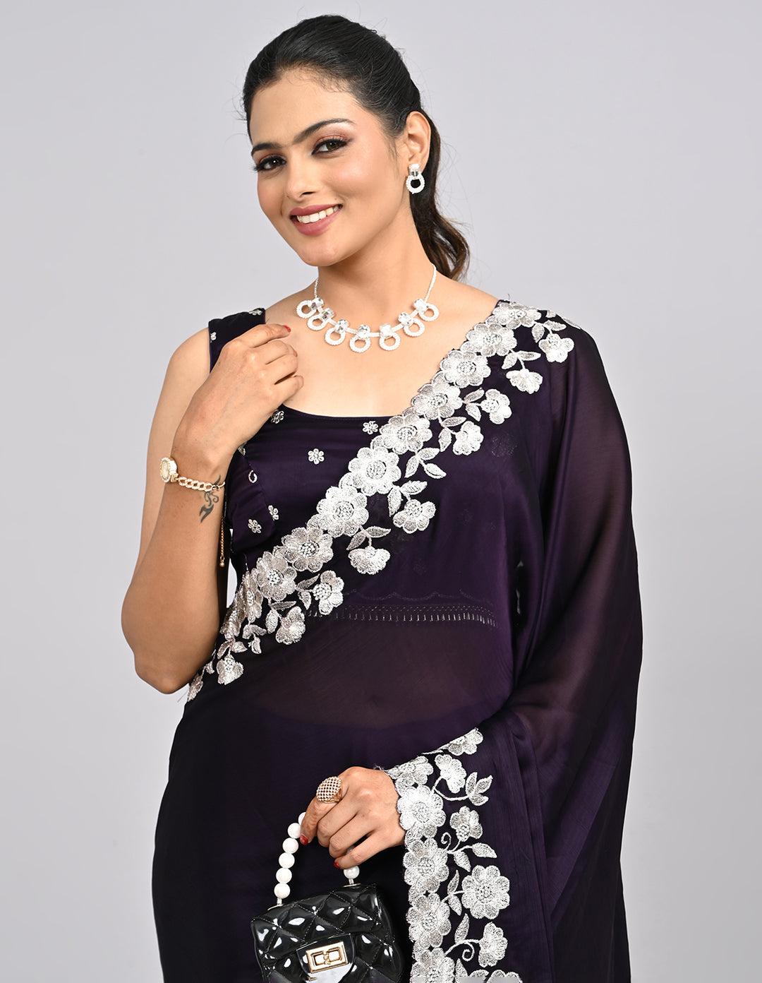 Aarunya – Wine Chinnon Saree with White Threadwork Border & Self-Coloured Blouse | Fazals