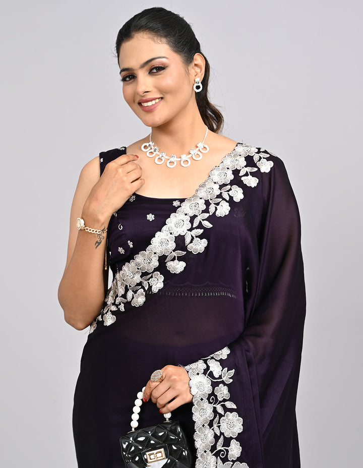 Aarunya – Wine Chinnon Saree with White Threadwork Border & Self-Coloured Blouse | Fazals