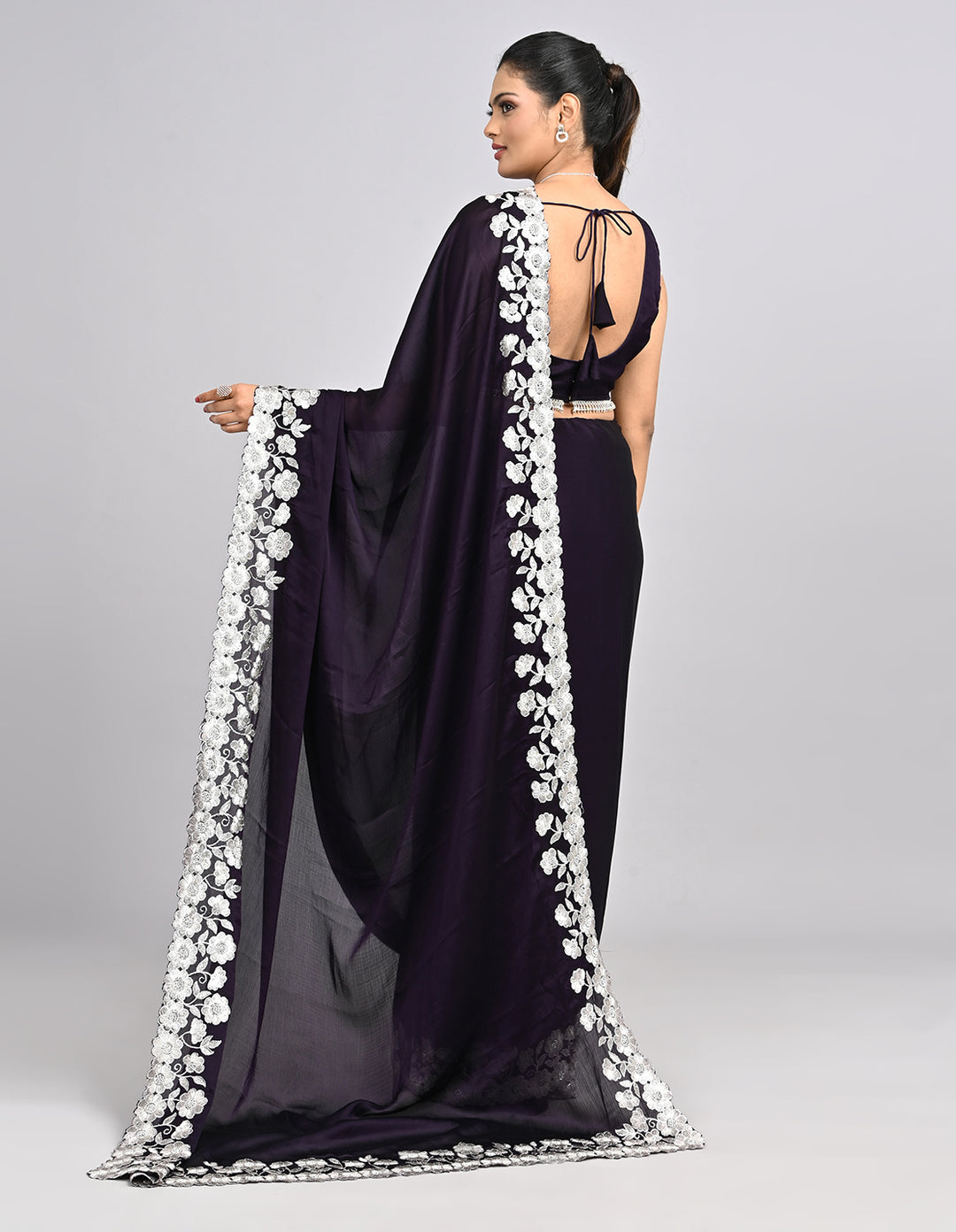 Aarunya – Wine Chinnon Saree with White Threadwork Border & Self-Coloured Blouse | Fazals