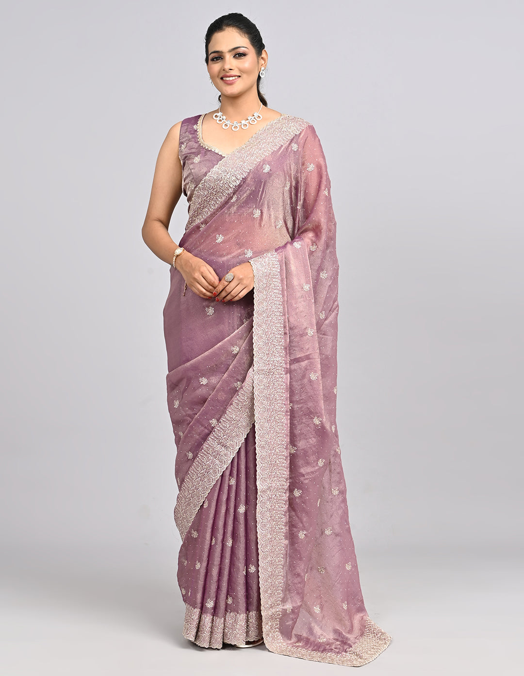 Noor – Pink Tissue Saree with Zari Embroidery | Fazals