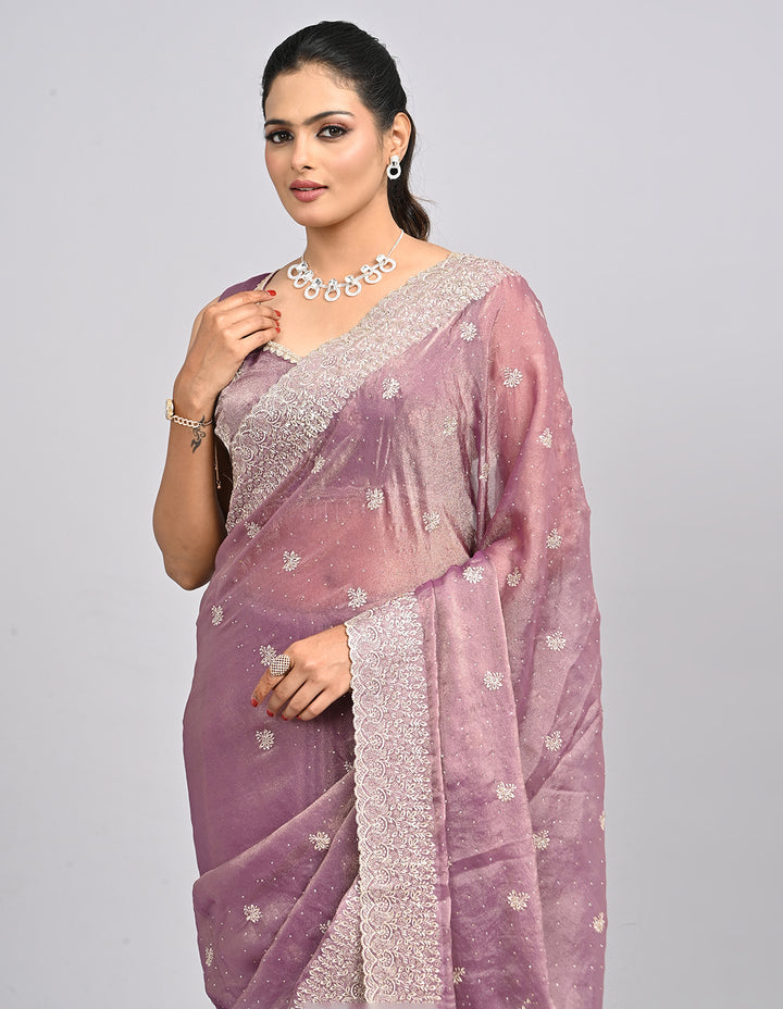 Noor – Pink Tissue Saree with Zari Embroidery | Fazals