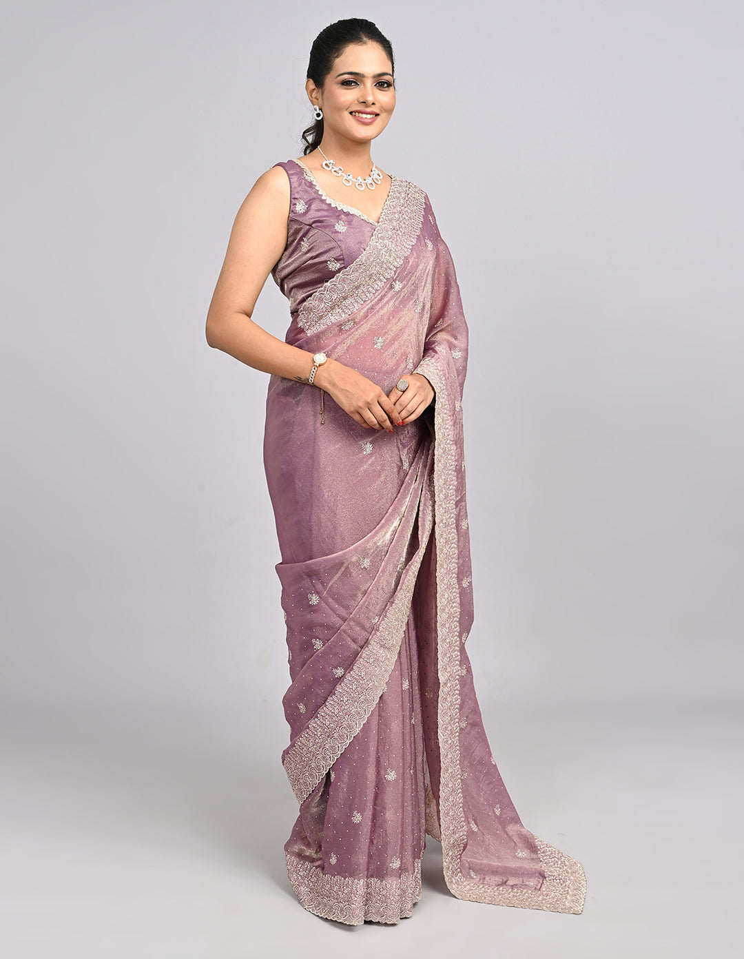 Noor – Pink Tissue Saree with Zari Embroidery | Fazals