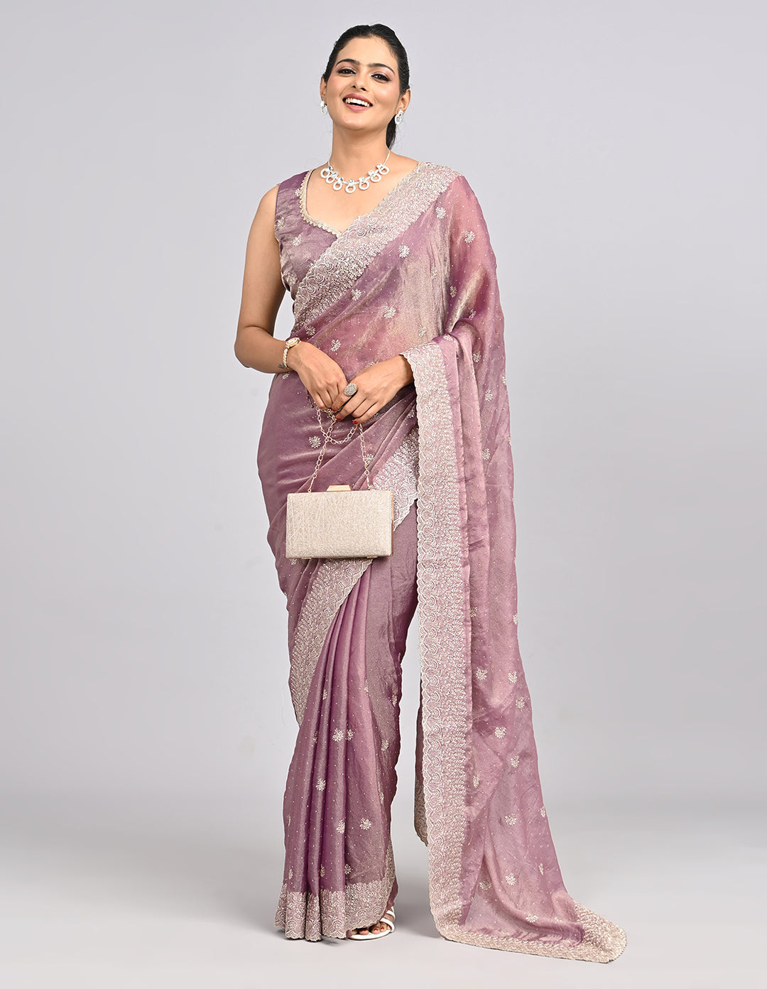 Noor – Pink Tissue Saree with Zari Embroidery | Fazals