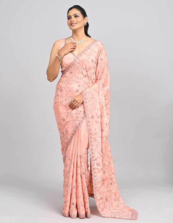 Meher – Peach Organza Saree with Coding & Mirror Work | Fazals