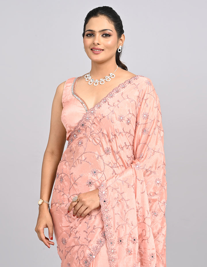 Meher – Peach Organza Saree with Coding & Mirror Work | Fazals