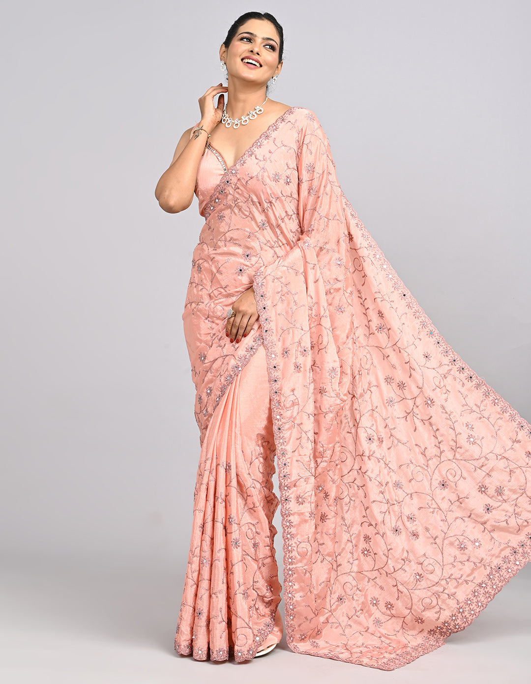 Meher – Peach Organza Saree with Coding & Mirror Work | Fazals