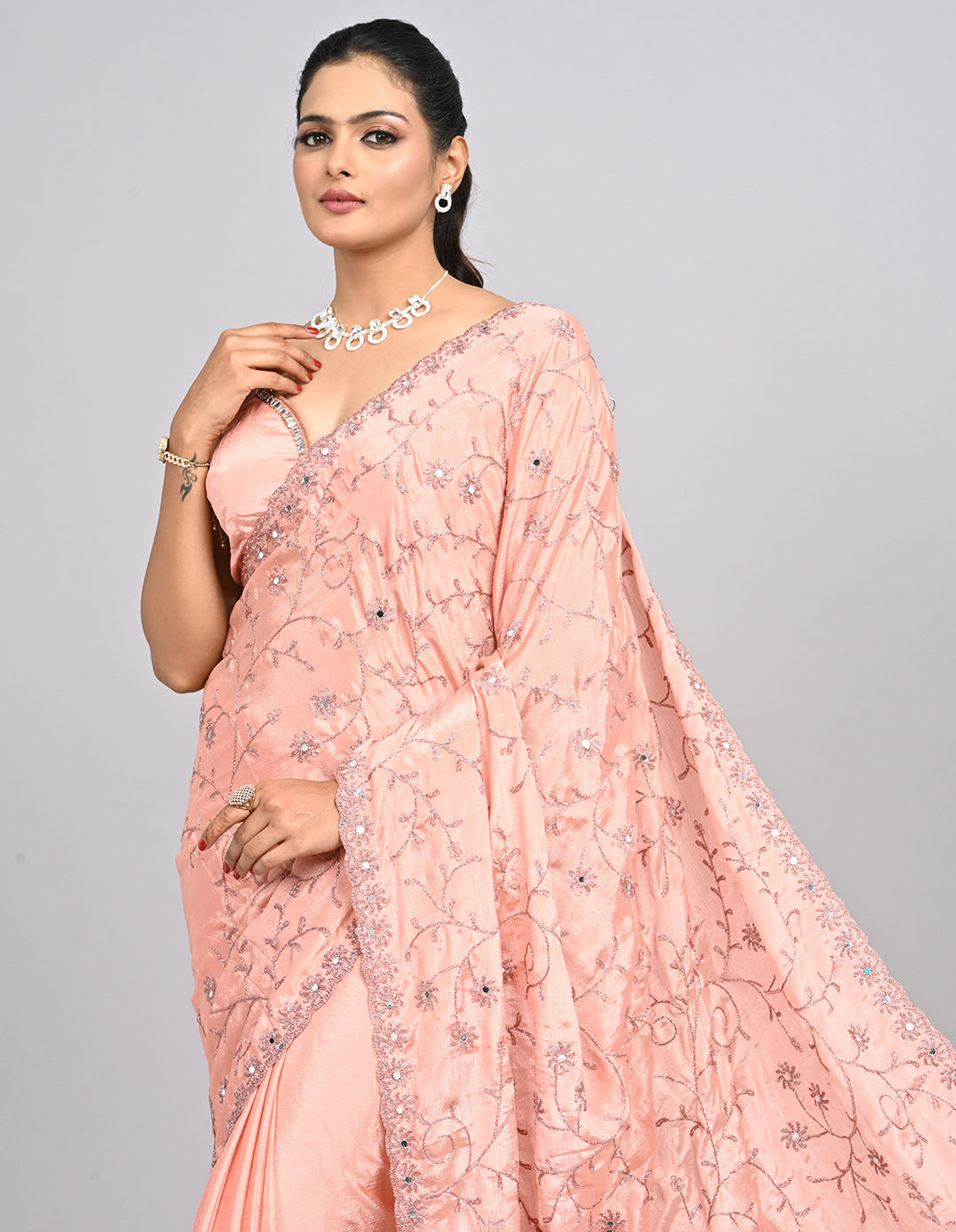Meher – Peach Organza Saree with Coding & Mirror Work | Fazals