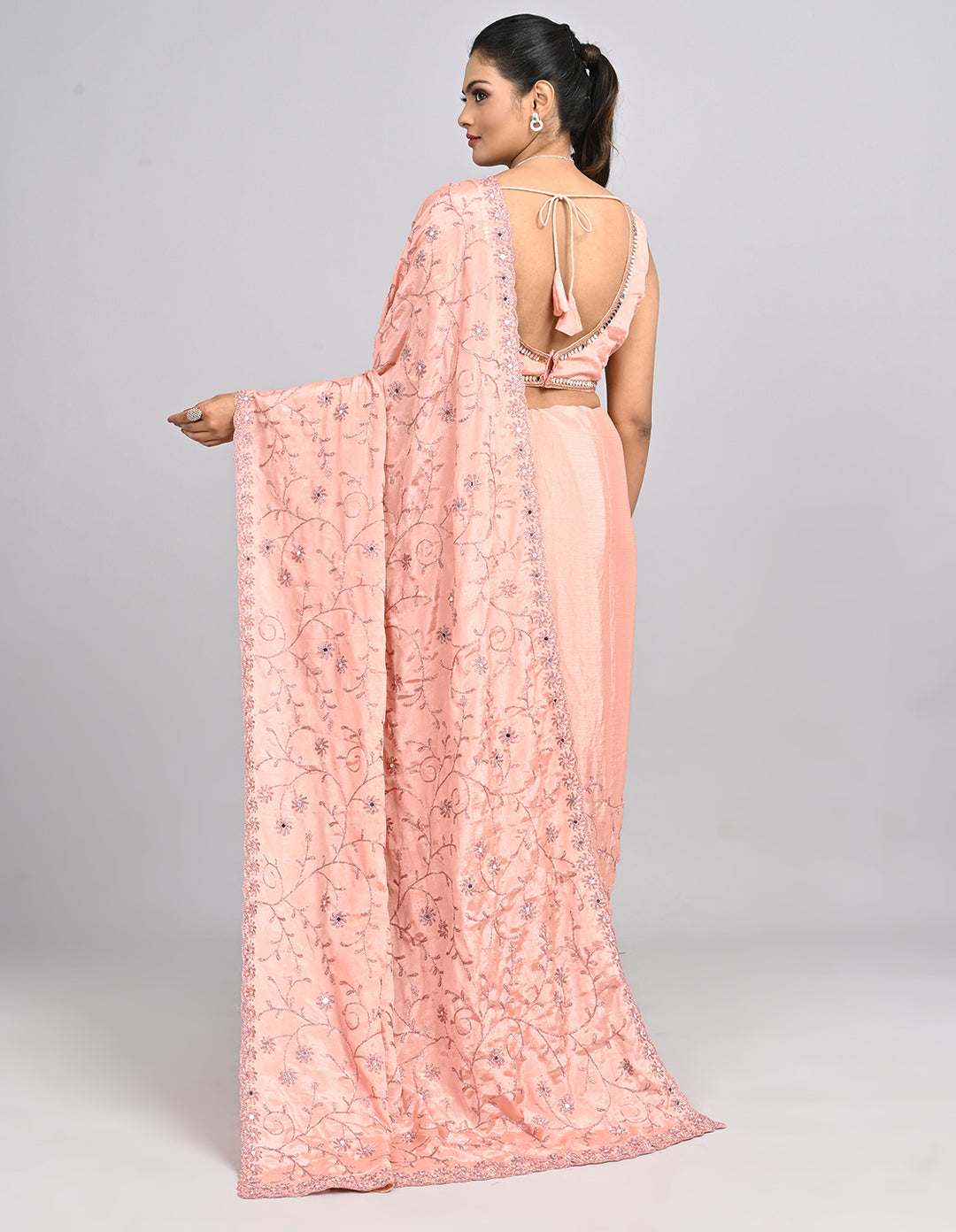 Meher – Peach Organza Saree with Coding & Mirror Work | Fazals