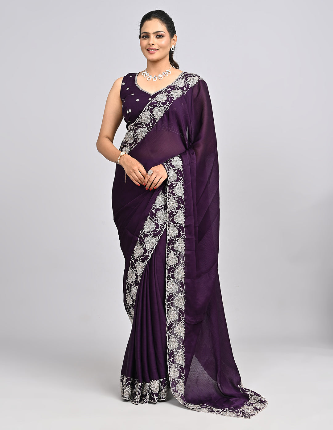 Aayira – Purple Chinnon Saree with Thread Embroidery Border & Self-Coloured Blouse | Fazals