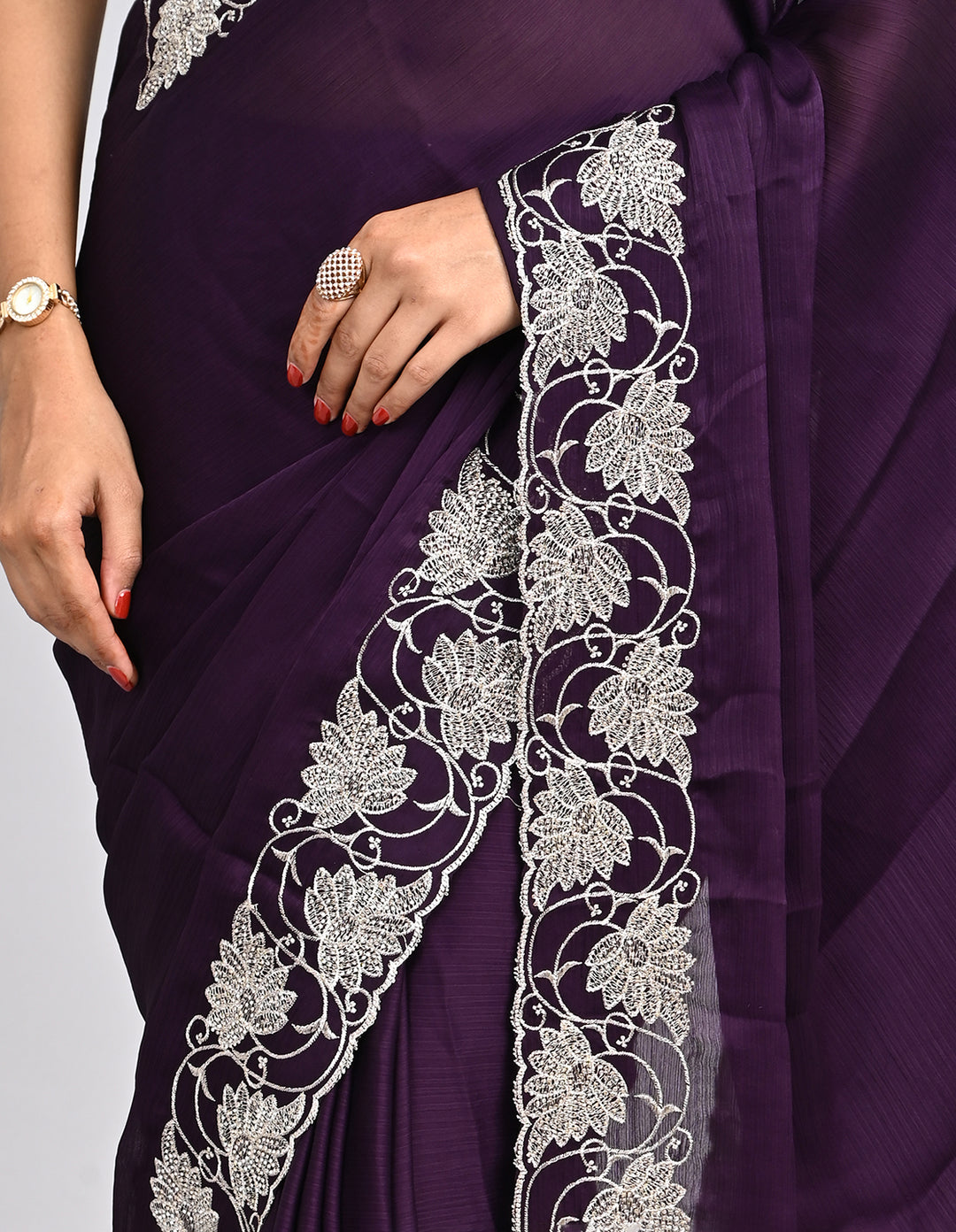 Aayira – Purple Chinnon Saree with Thread Embroidery Border & Self-Coloured Blouse | Fazals