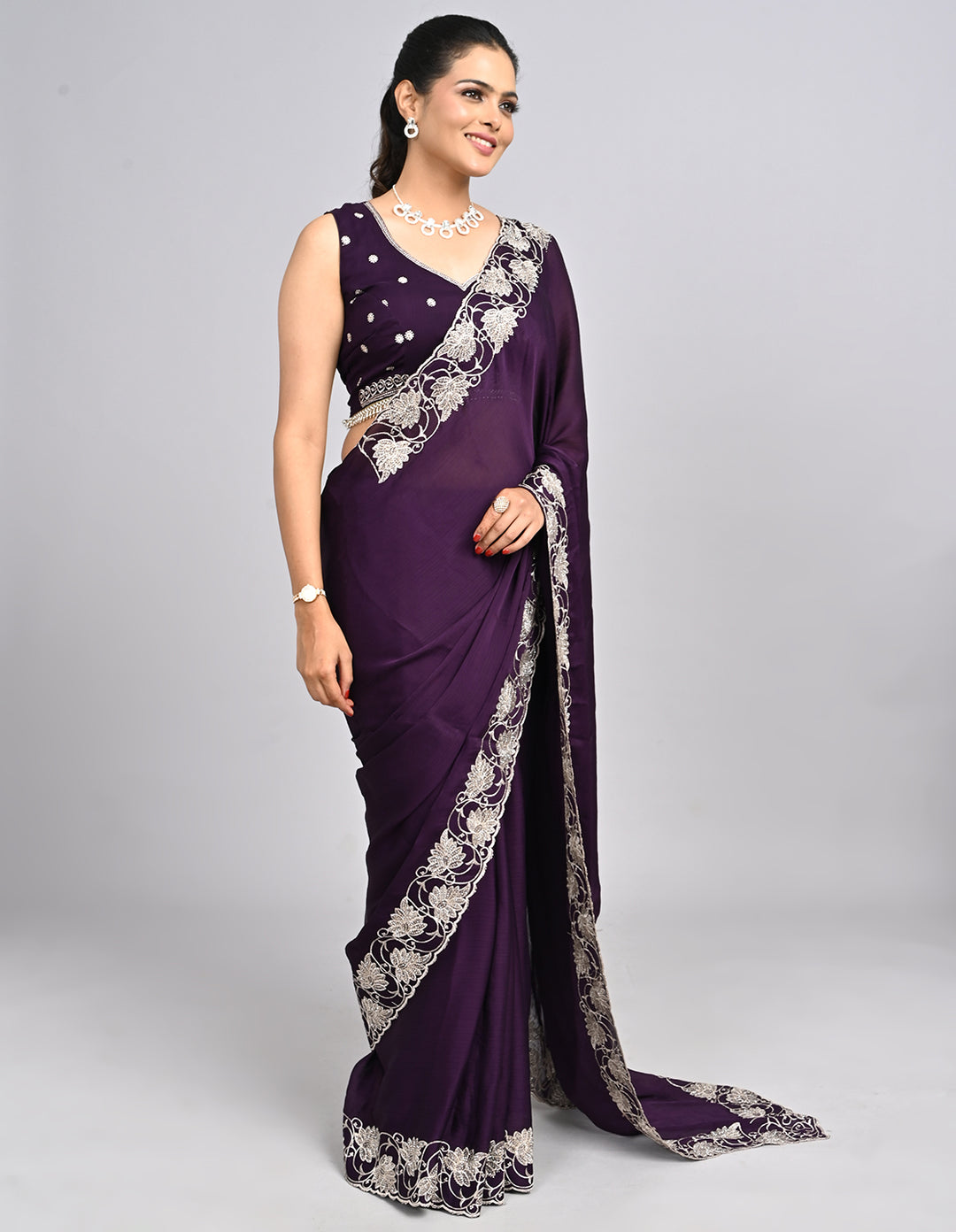 Aayira – Purple Chinnon Saree with Thread Embroidery Border & Self-Coloured Blouse | Fazals