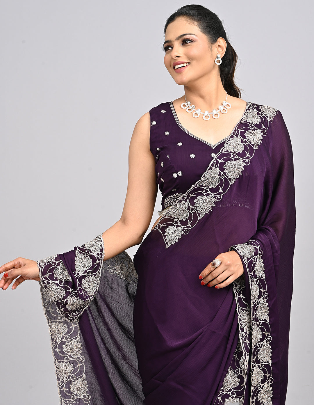 Aayira – Purple Chinnon Saree with Thread Embroidery Border & Self-Coloured Blouse | Fazals